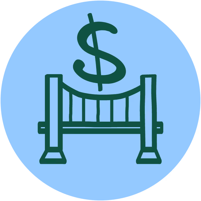 Icon of a suspension bridge with a dollar sign above, on a blue circular background.