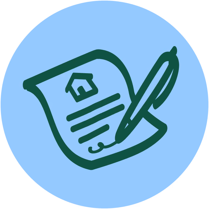 Icon of a document with a house symbol and lines signed with a pen, on a blue circle background.