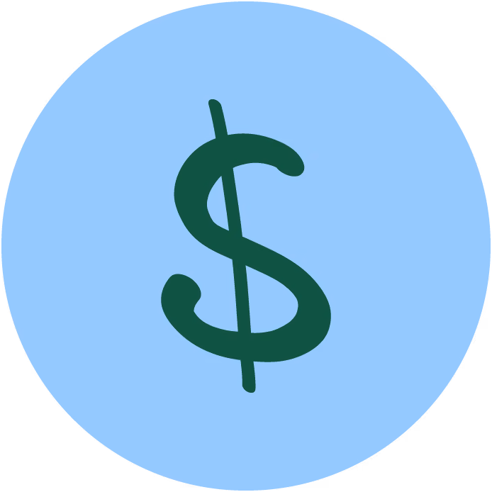 Green dollar sign icon on a blue circular background.