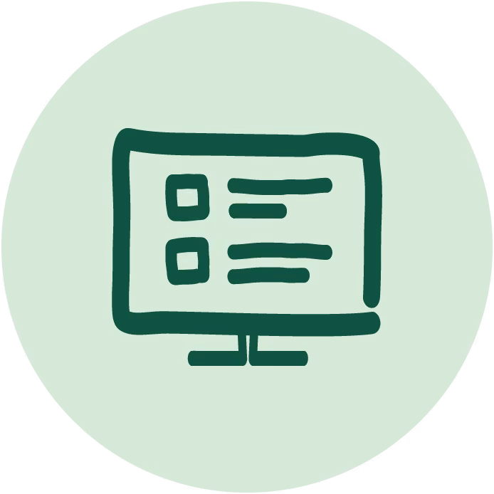 Illustration of a computer monitor displaying a checklist with two items on a light green circle background.