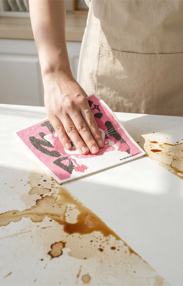 Wiping a kitchen counter with a bulimumu cellulose cloth