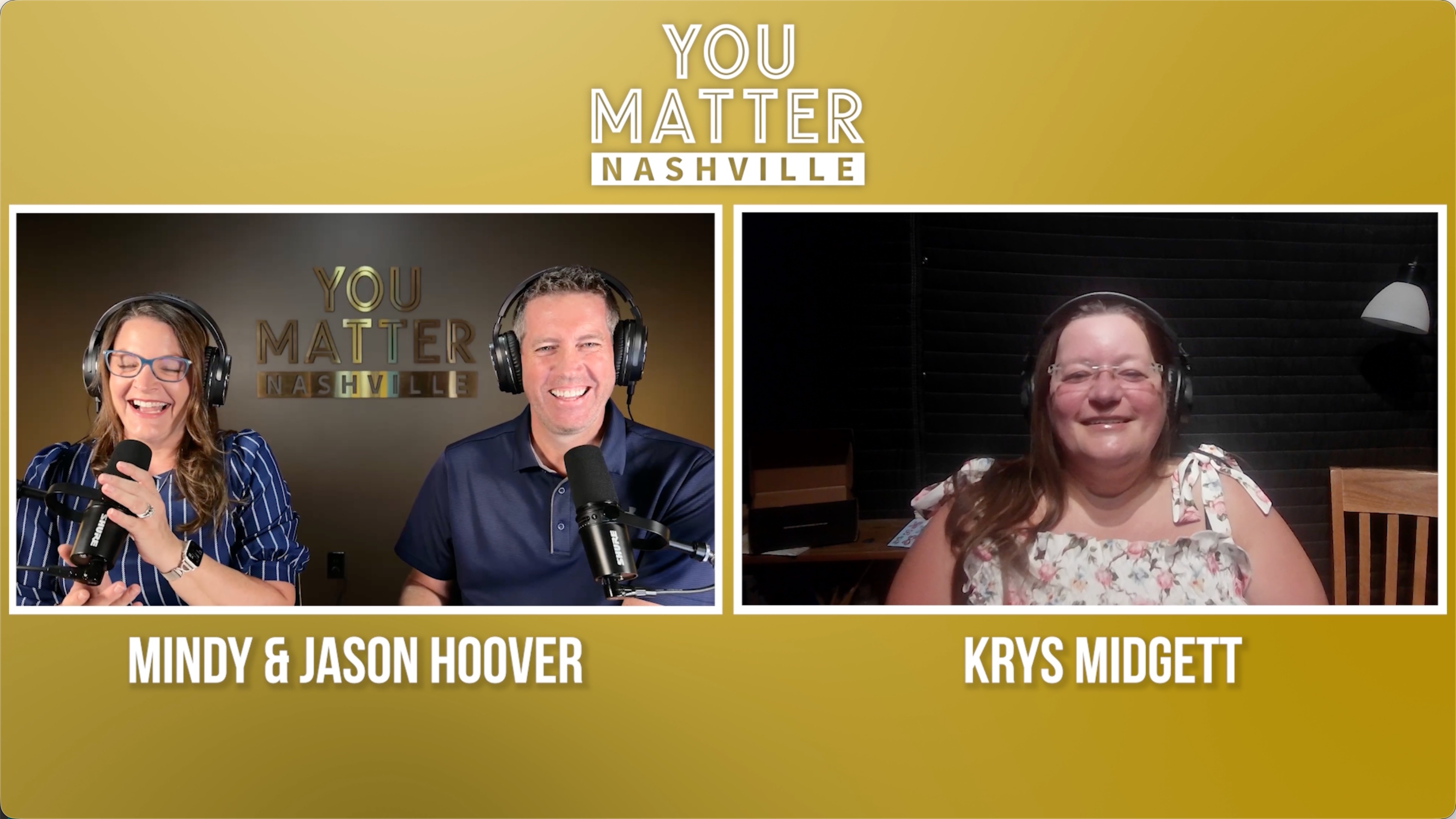 Krys Midgett, founder of Give A Little Christmas, smiling on a video call with You Matter Nashville hosts Mindy and Jason Hoover.