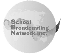Logo with the acronym SBN vertically aligned, standing for School Broadcasting Network Inc., over a faint world map inside a circular shape with a flowing wave graphic.