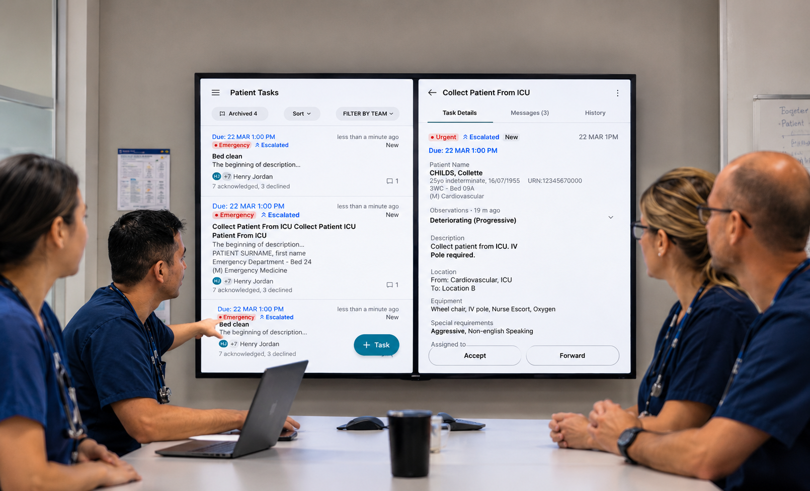 Hand holding a smartphone showing a medical scheduling app with multiple Anaesthetics Inpatients (Consultant) shifts from 07:00 to 14:00 and a phone number, plus a time picker for setting time to 11:45 PM.