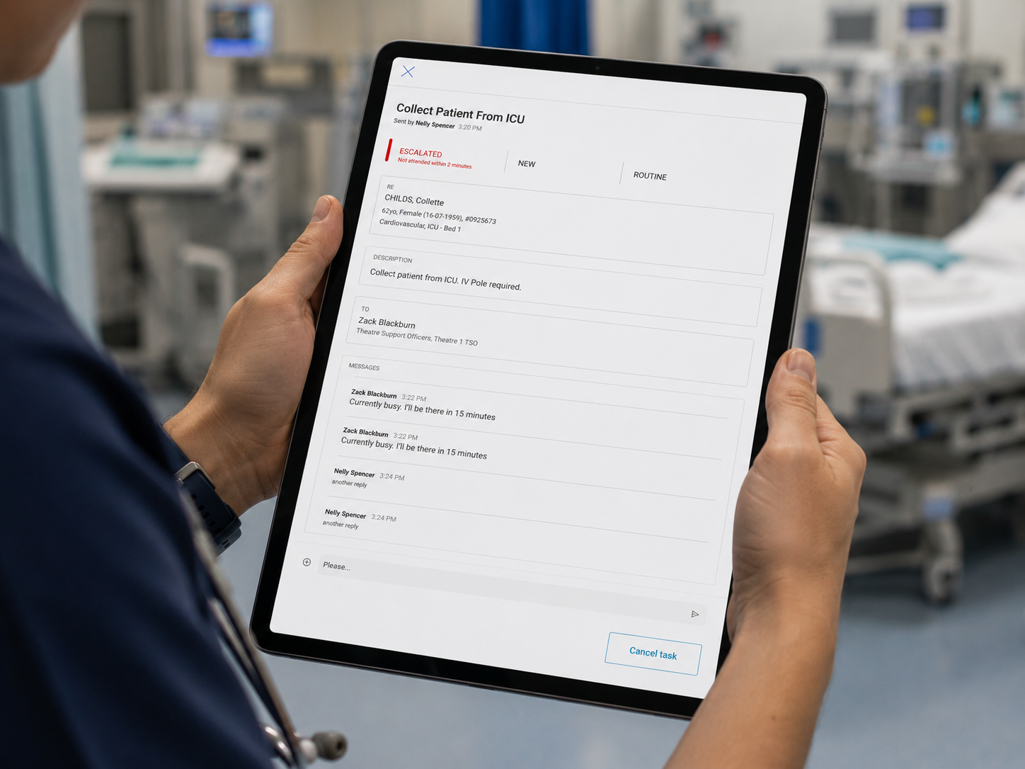 Tablet screen showing a hospital task detail for collecting a patient from ICU with status escalated; patient details, description, recipient, and chat messages are visible in a medical setting.