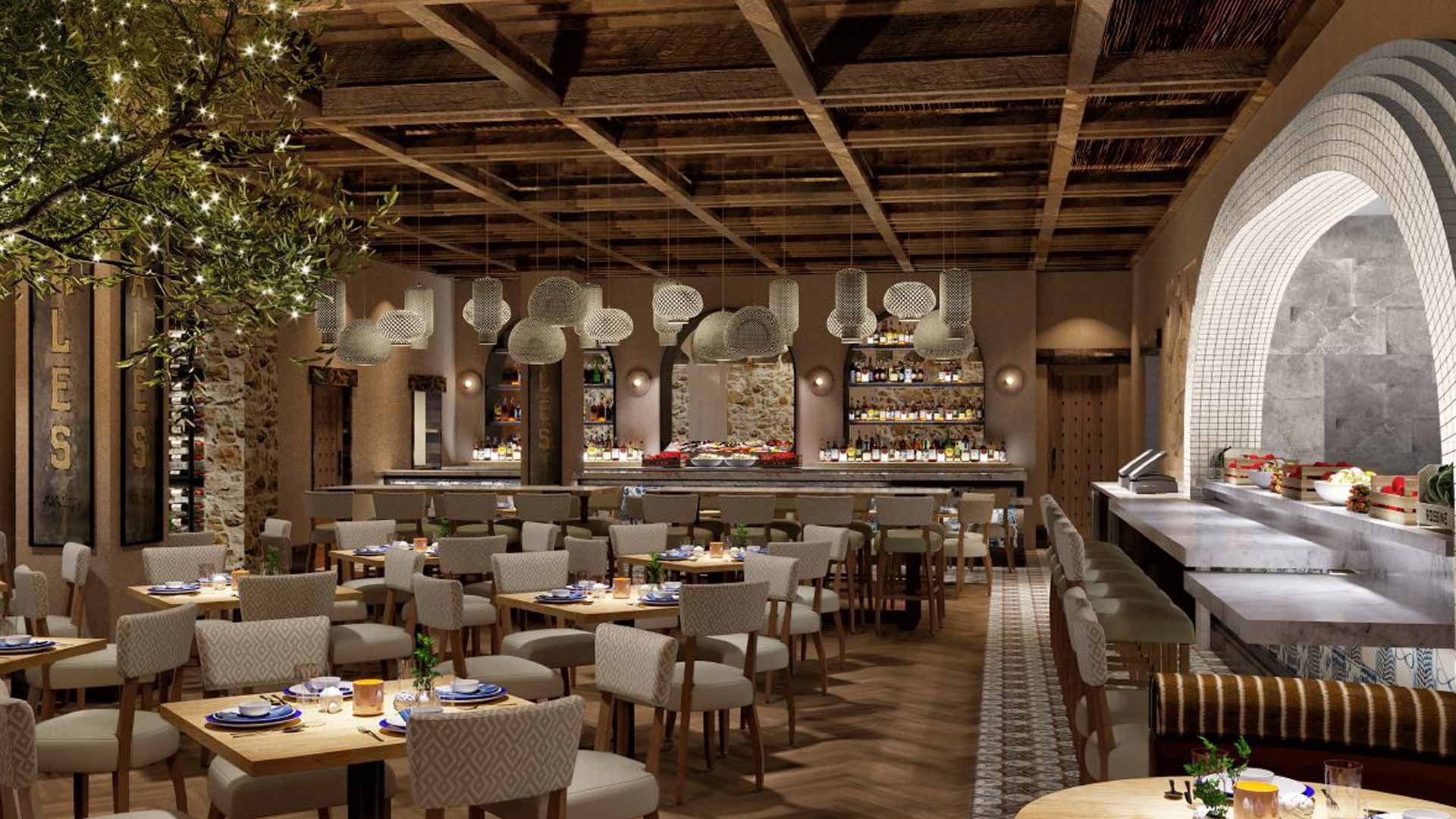 Salle de Naxos Taverna, matériaux naturels et grandes arches ; Red Rock Casino Resort & Spa, Las Vegas.