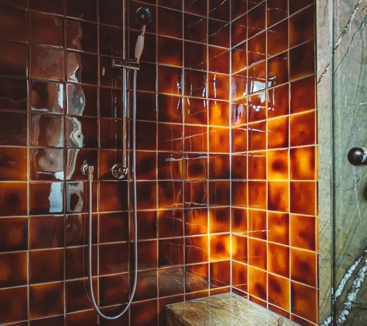 Une salle de bains de De Durgerdam près d’Amsterdam, avec douche et carrelage brun