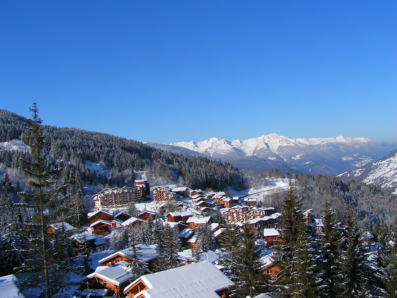 Les chalets de La Tania sous la neige, dans la forêt d'épicéas