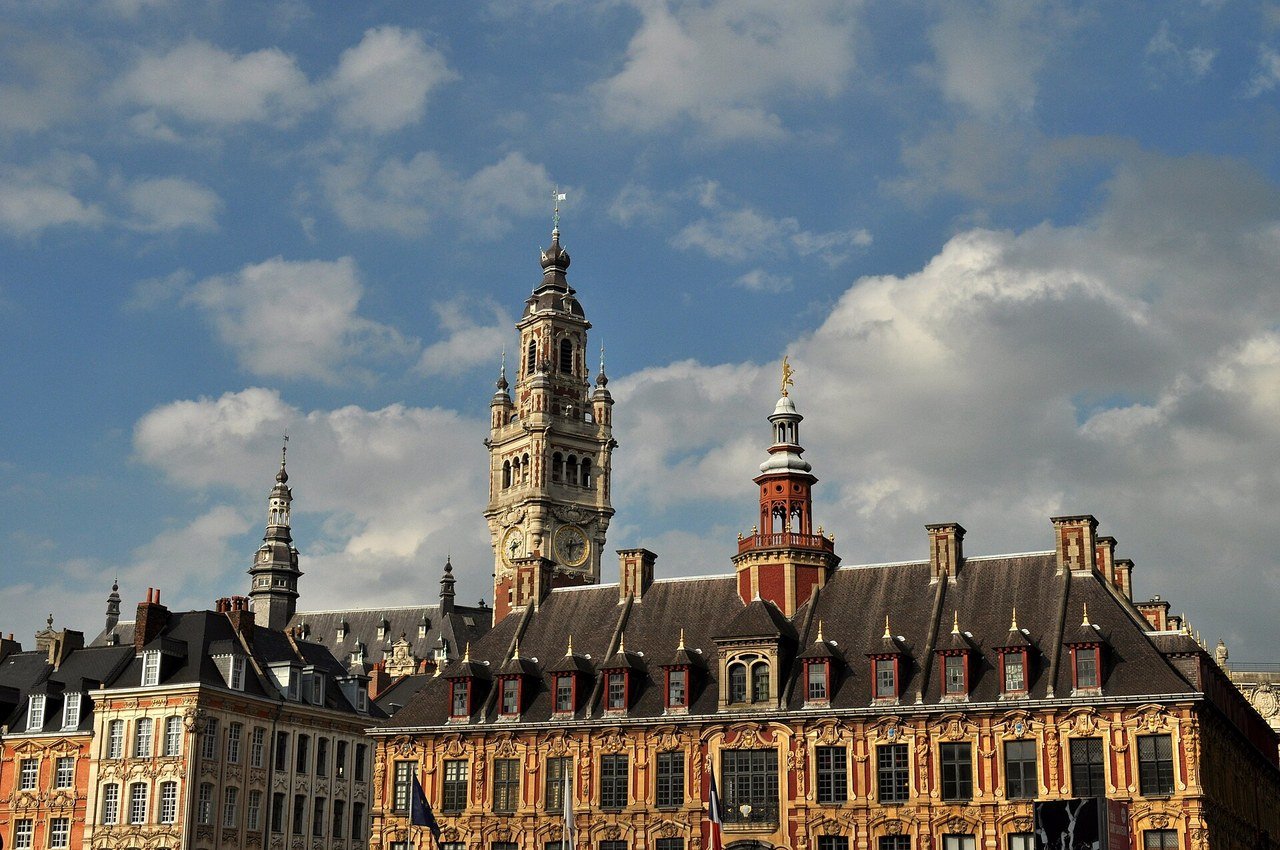Les toits de la Vieille Bourse et le beffroi de la Chambre de commerce, vus depuis la Grand-Place
