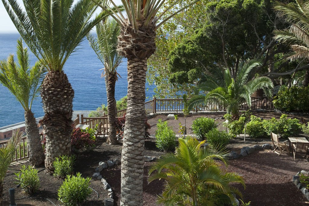 Allée du jardin du Parador de La Gomera entre palmiers et végétation subtropicale.