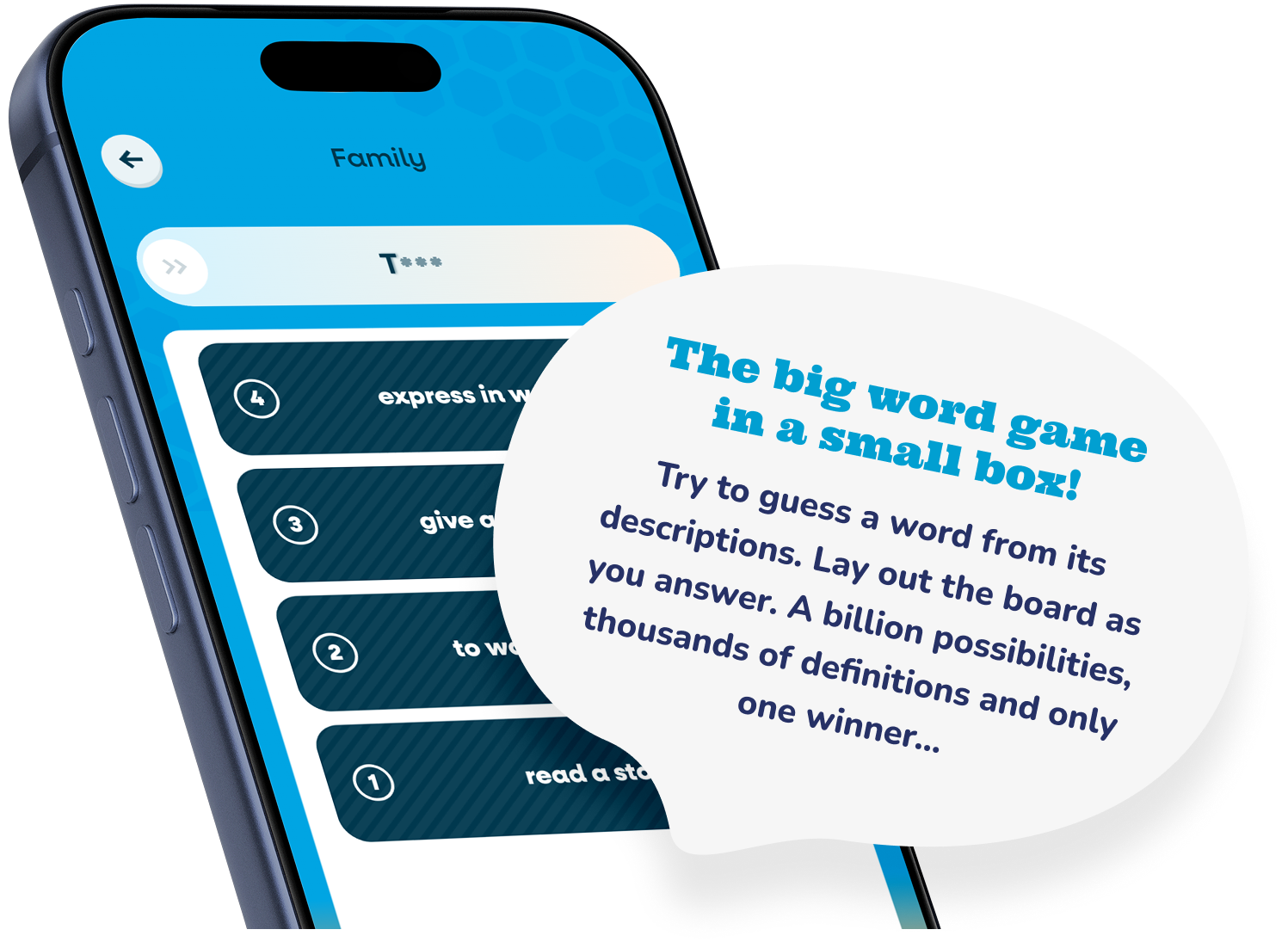 Smartphone showing a word guessing game called Family with clues and a speech bubble explaining the game.