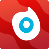White abstract shape with a blue ring inside on a red background with gradient waves. Open square. 