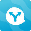 White chat bubble icon with a blue forked arrow inside against a blue wavy background. splitter