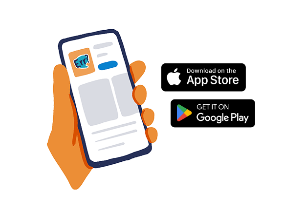 Hand holding a phone with an app screen next to buttons for downloading on App Store and Google Play.