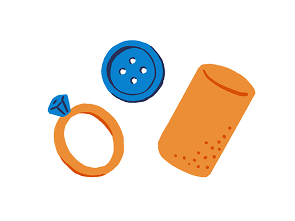 Illustration of a blue button, an orange diamond ring, and an orange thimble. - Game playing pieces. 