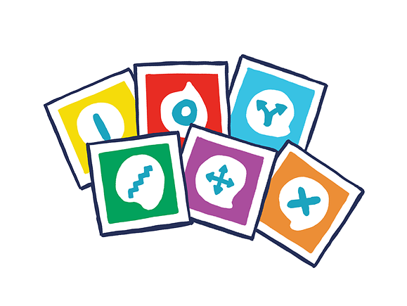 Six colorful cards with abstract shapes and arrows in blue, red, yellow, green, purple, and orange frames.