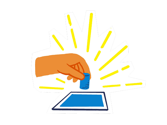 Hand holding a small blue container releasing yellow rays above a blue rectangular surface.