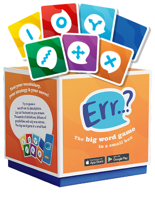 Err? big word game box with colorful icon cards and app store download badges on orange background.