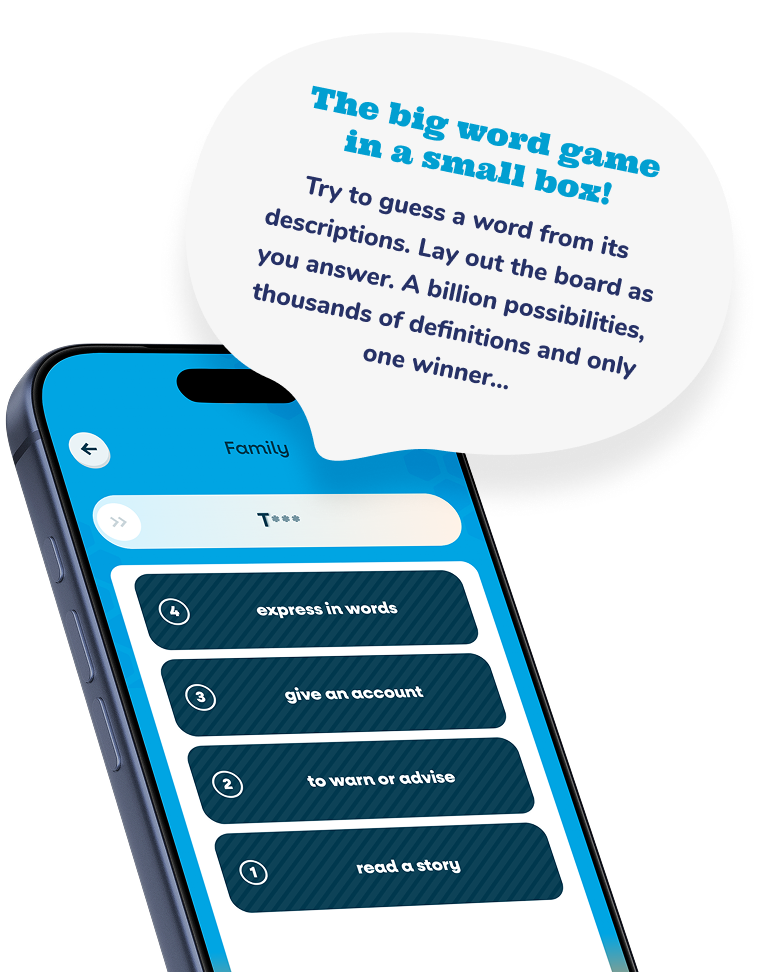 Smartphone showing word game screen with clues and text bubble describing gameplay rules.