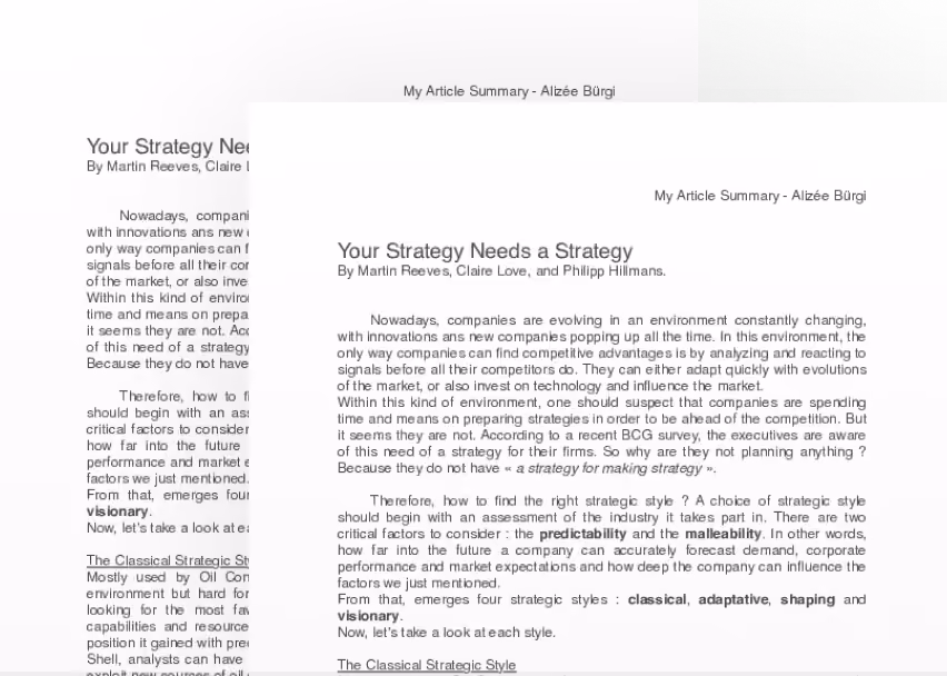 blue2purple - Two printed pages of an article summary titled Your Strategy Needs a Strategy