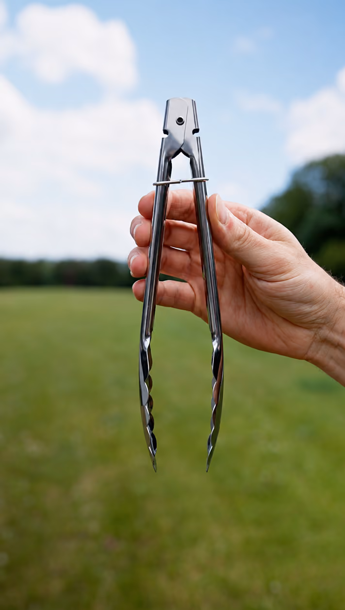 blue2purple - A hand holding stainless steel barbecue tongs against a green field and blue sky