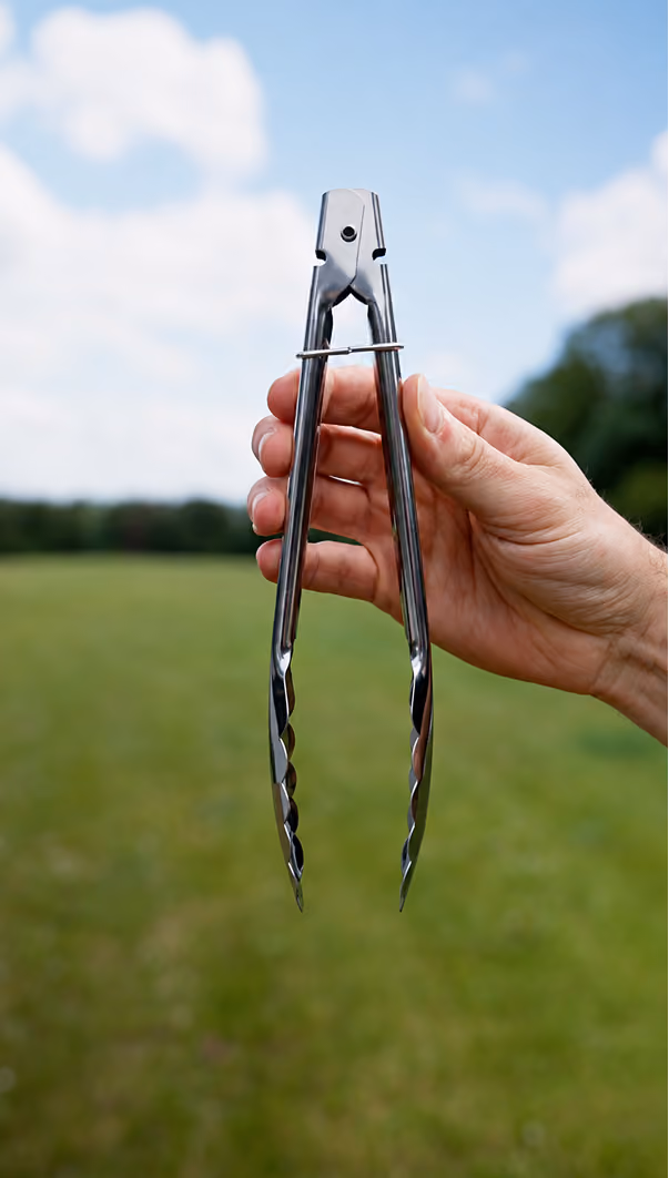 blue2purple - A hand holding stainless steel barbecue tongs above a green meadow under a cloudy sky
