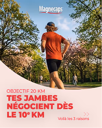 blue2purple - Magnecaps advert showing a runner on a tree-lined path with French text about a 20 km goal