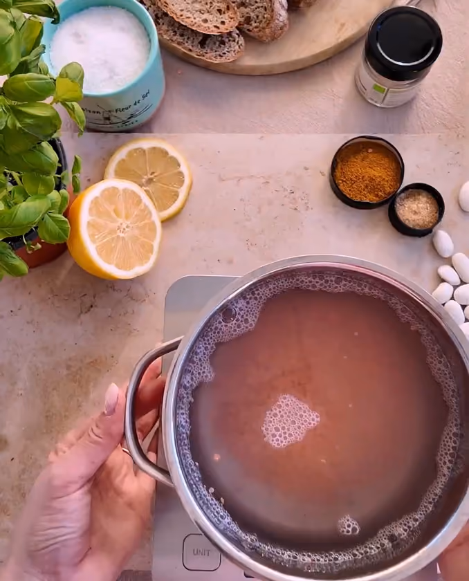blue2purple - Overhead view of hands holding a pan of pink kombucha beside bread, lemon and spices