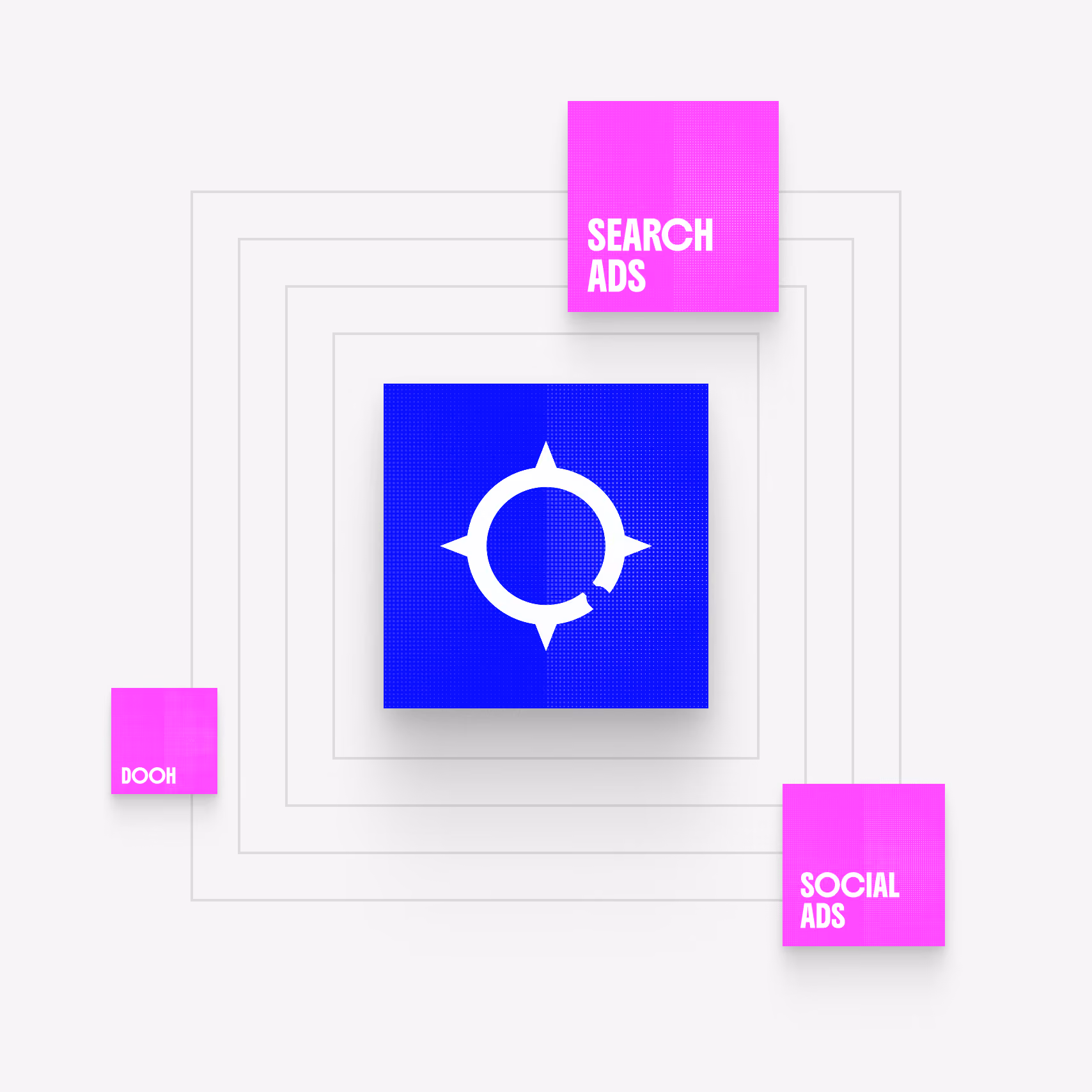 blue2purple - Diagram with a blue targeting icon surrounded by pink Search Ads, Social Ads and Booking labels