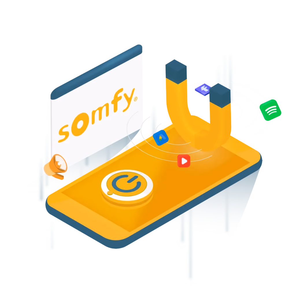 blue2purple - Illustration of a magnet attracting social media icons to a smartphone showing the Somfy logo