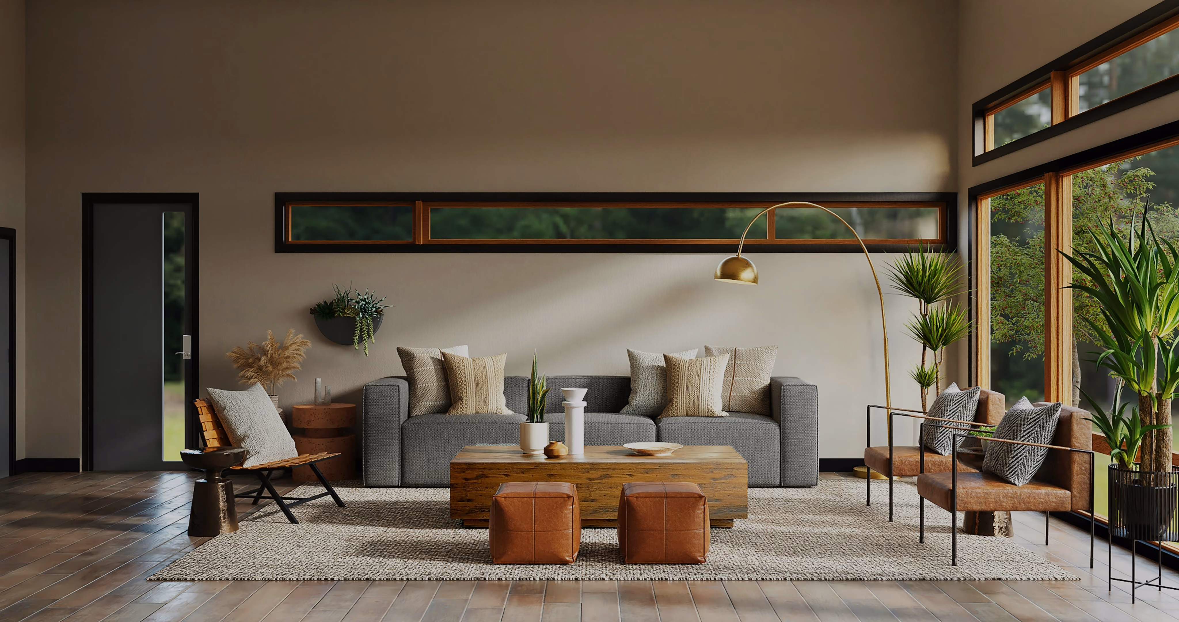 blue2purple - Modern living room with a grey sofa, wooden floor and floor-to-ceiling windows