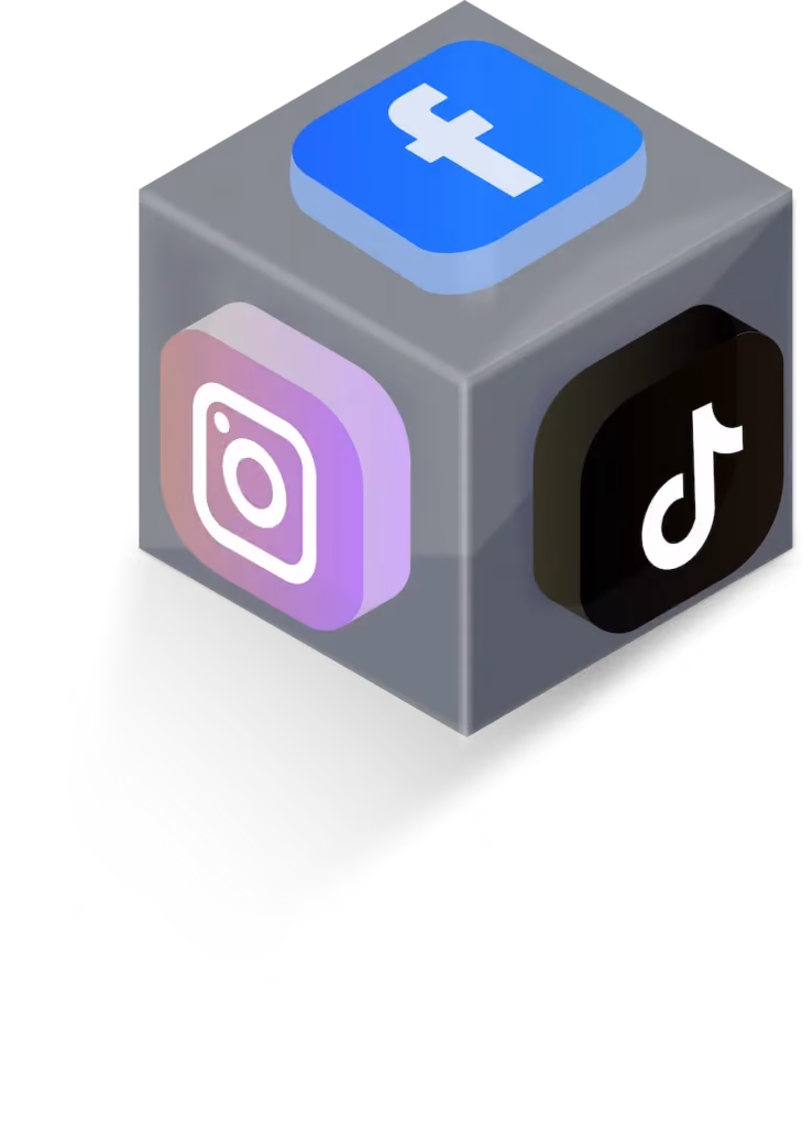 blue2purple - Isometric cube showing Facebook, Instagram and TikTok icons