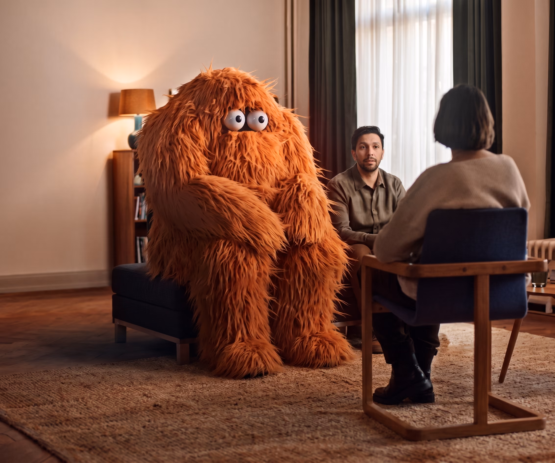 blue2purple - Large orange furry creature sitting in a living room between two people