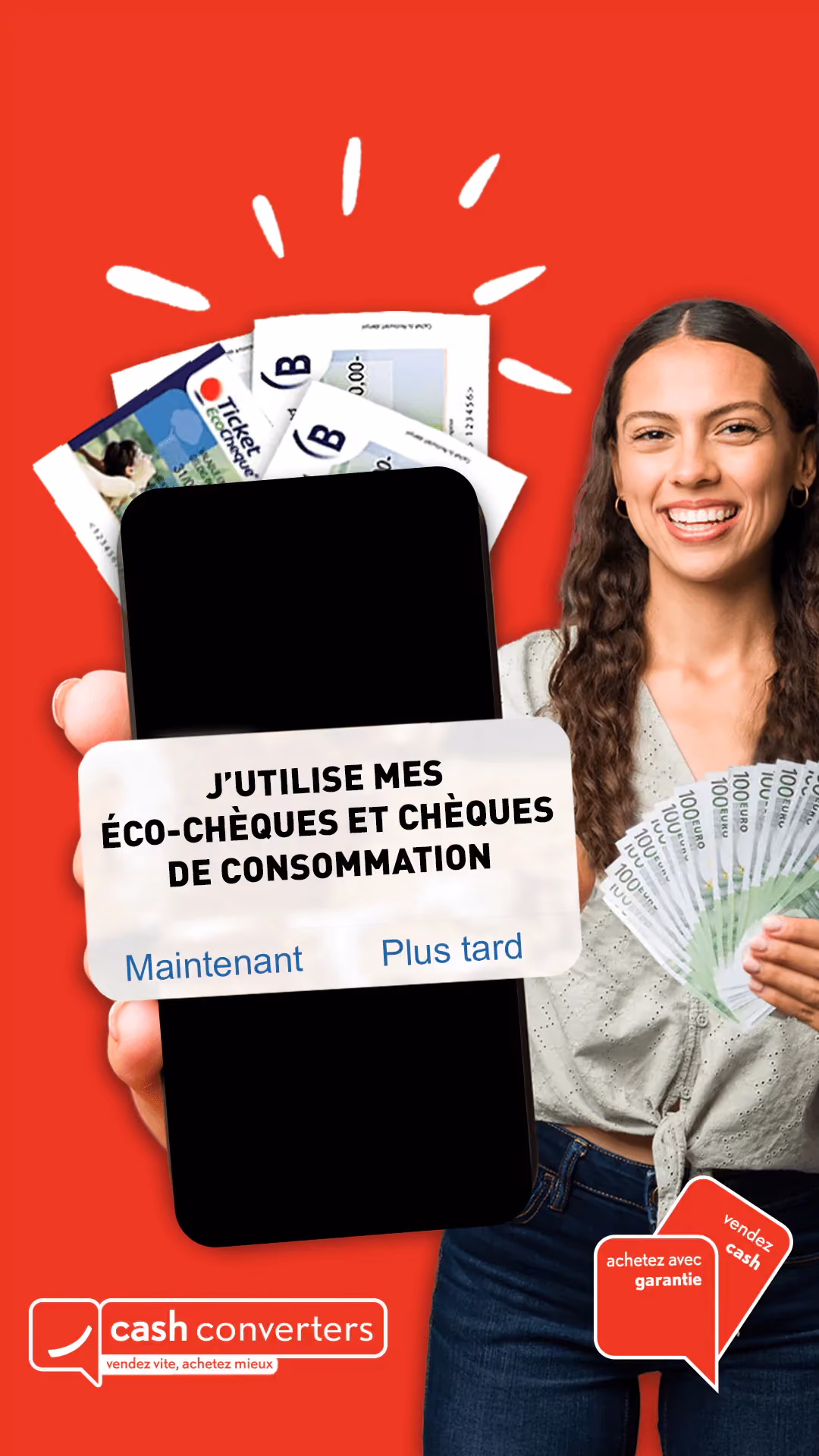 blue2purple - Cash Converters story ad in French about eco-cheques with a woman holding a phone and banknotes