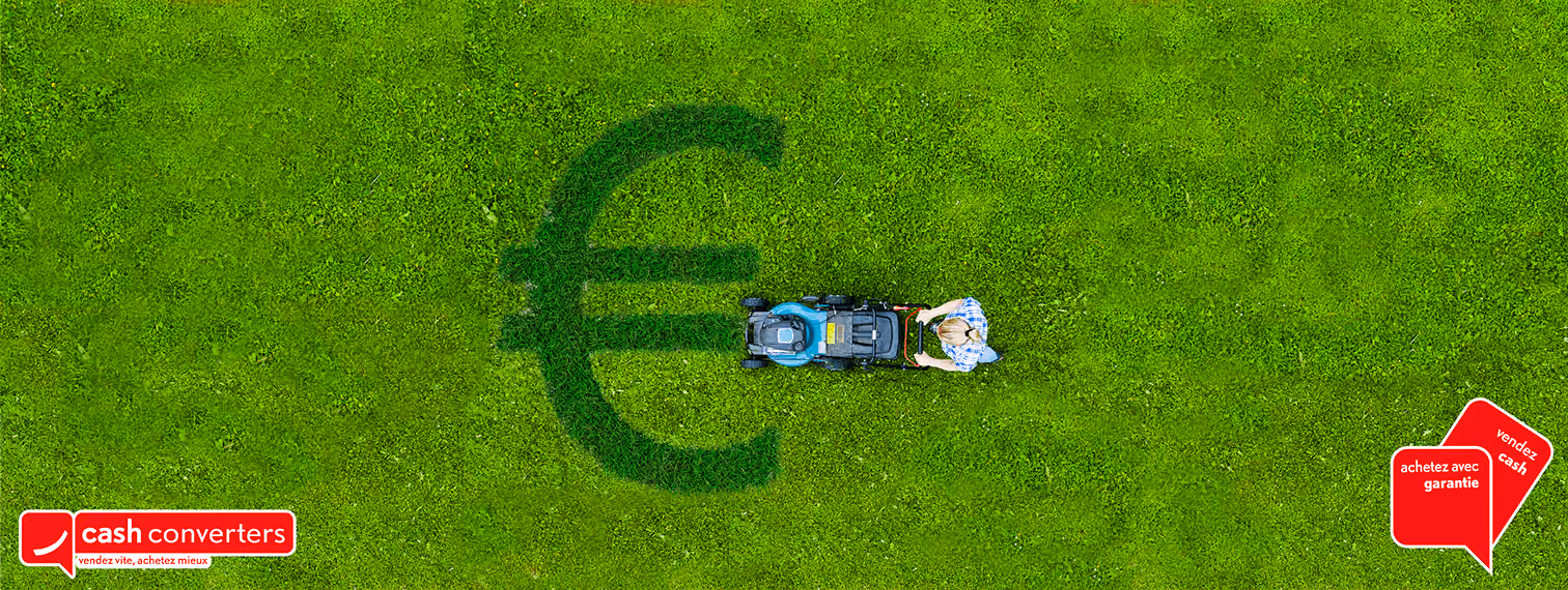 blue2purple - Lawnmower cutting a euro symbol into grass with the Cash Converters logo