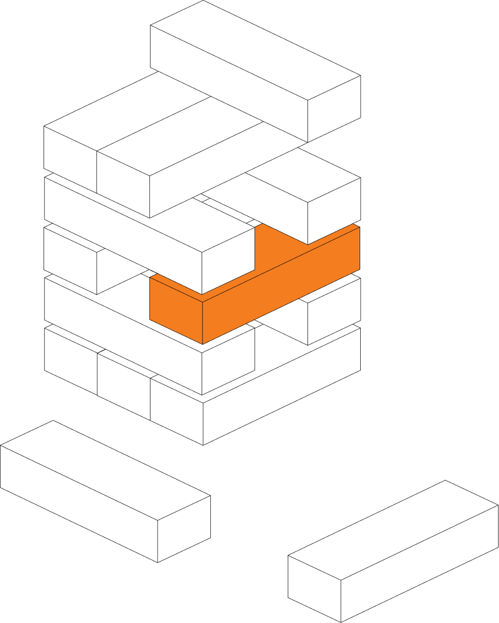 Stack of white rectangular blocks with one orange block in the middle layer and two separated blocks below.