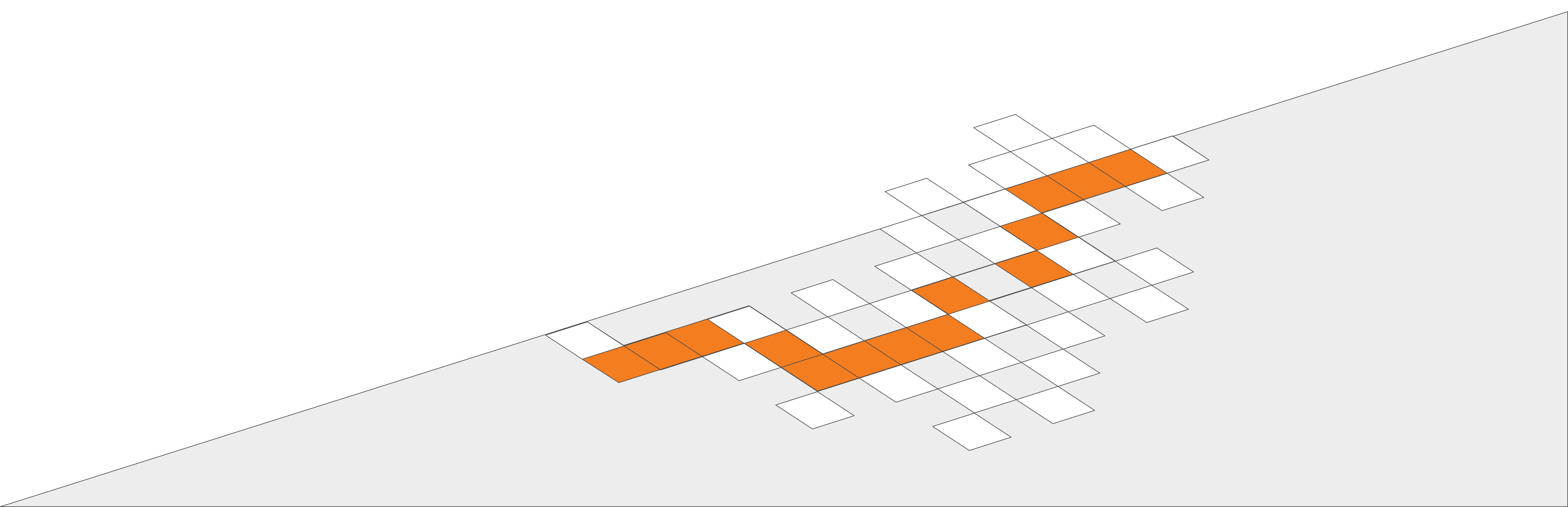 Abstract geometric design of interlocking white and orange squares on a slanted light gray background.