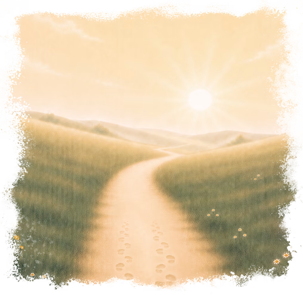 A sunlit path through green hills under leading to a bright sky with a glowing sun.