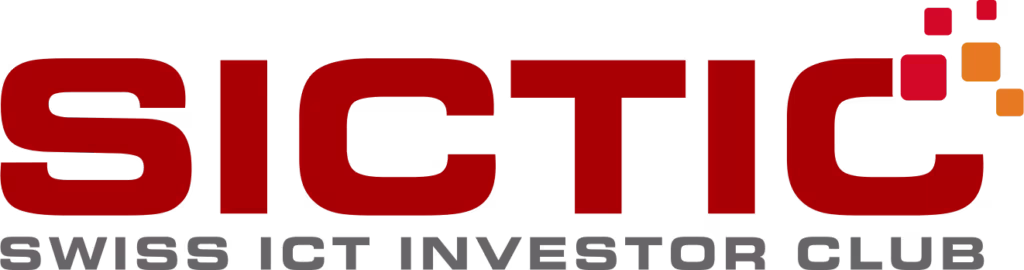 Logo of SICTIC Swiss ICT Investor Club with red SICTIC letters and orange squares on black background.