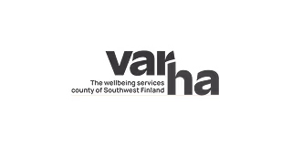 Logo with text VARHA wellbeing services of Southwest Finland in black on white background.