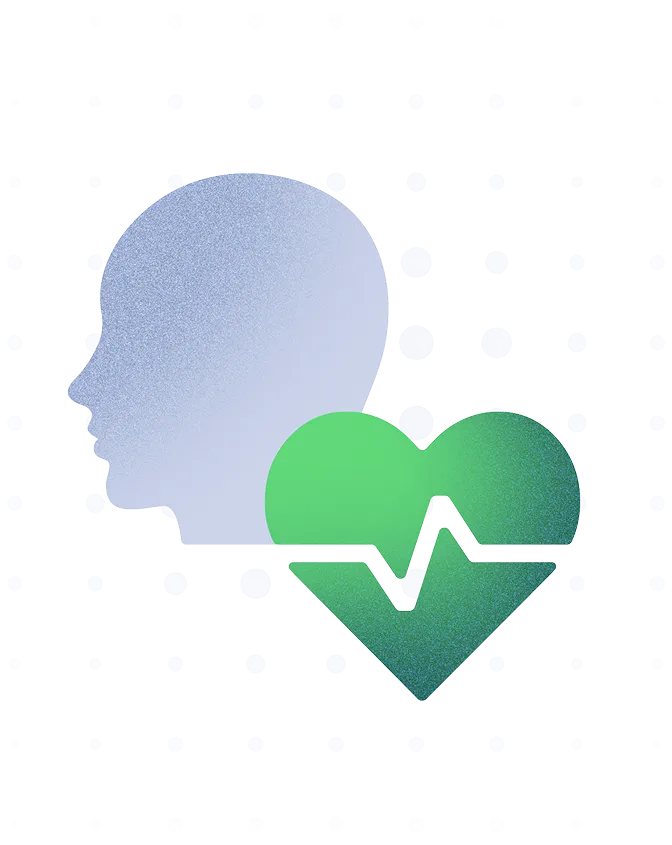 Illustration of a person's profile beside a green heart with an electrocardiogram line on a dark blue background.