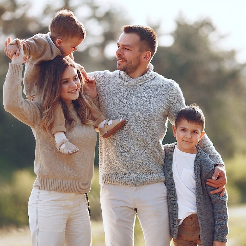 Smiling family of four outdoors: father, mother carrying toddler on shoulders, and young boy.