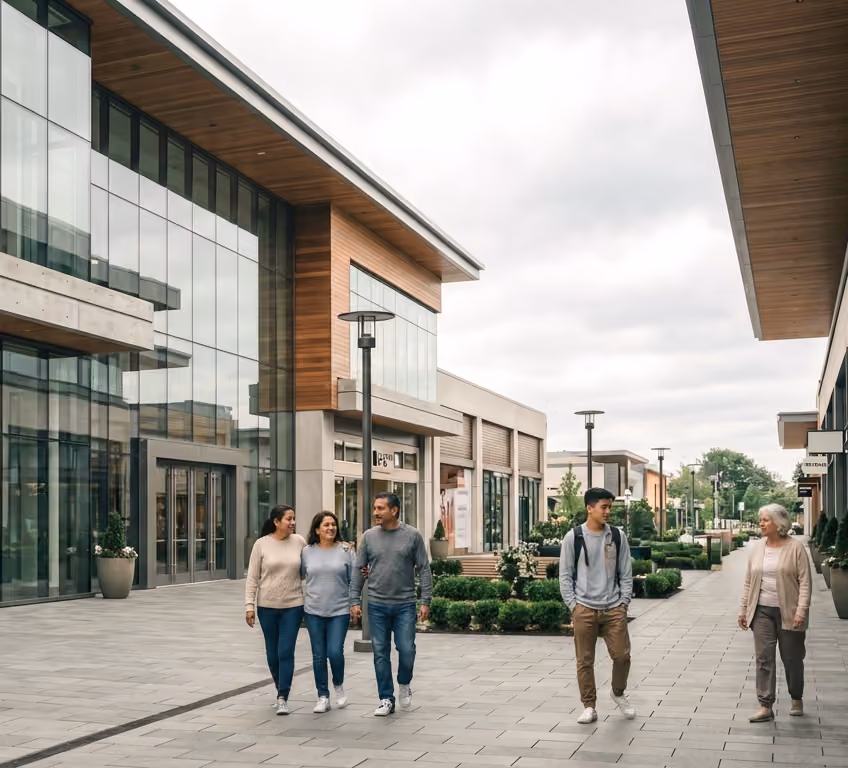 People walking through retail park