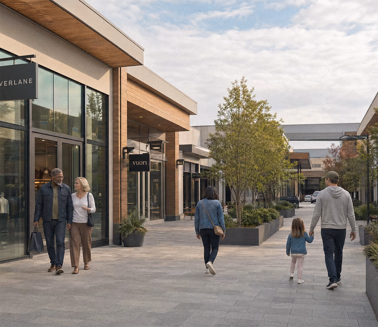 People walking through retail park
