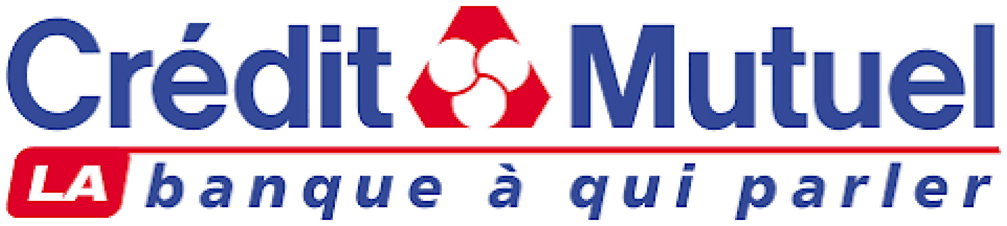 Crédit Mutuel logo with blue text and a red emblem, featuring the tagline 'LA banque à qui parler' in blue and white on a red background.