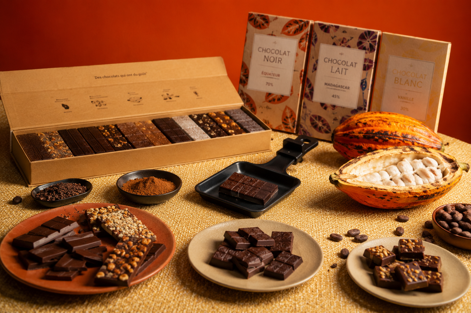 Coffret de chocolats artisanaux présenté pour un Team Building en entreprise