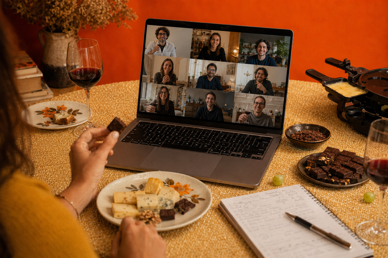 Équipe en visioconférence dégustant fromages et chocolats lors d'un Team Building à distance