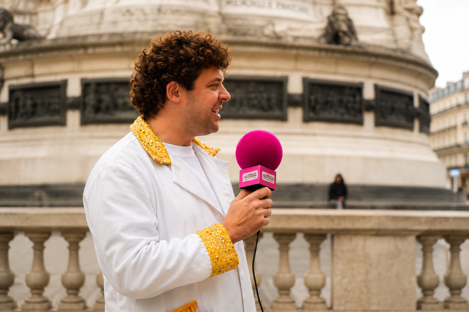 Fabrice interviewé au micro devant un monument parisien pour Michel & Augustin