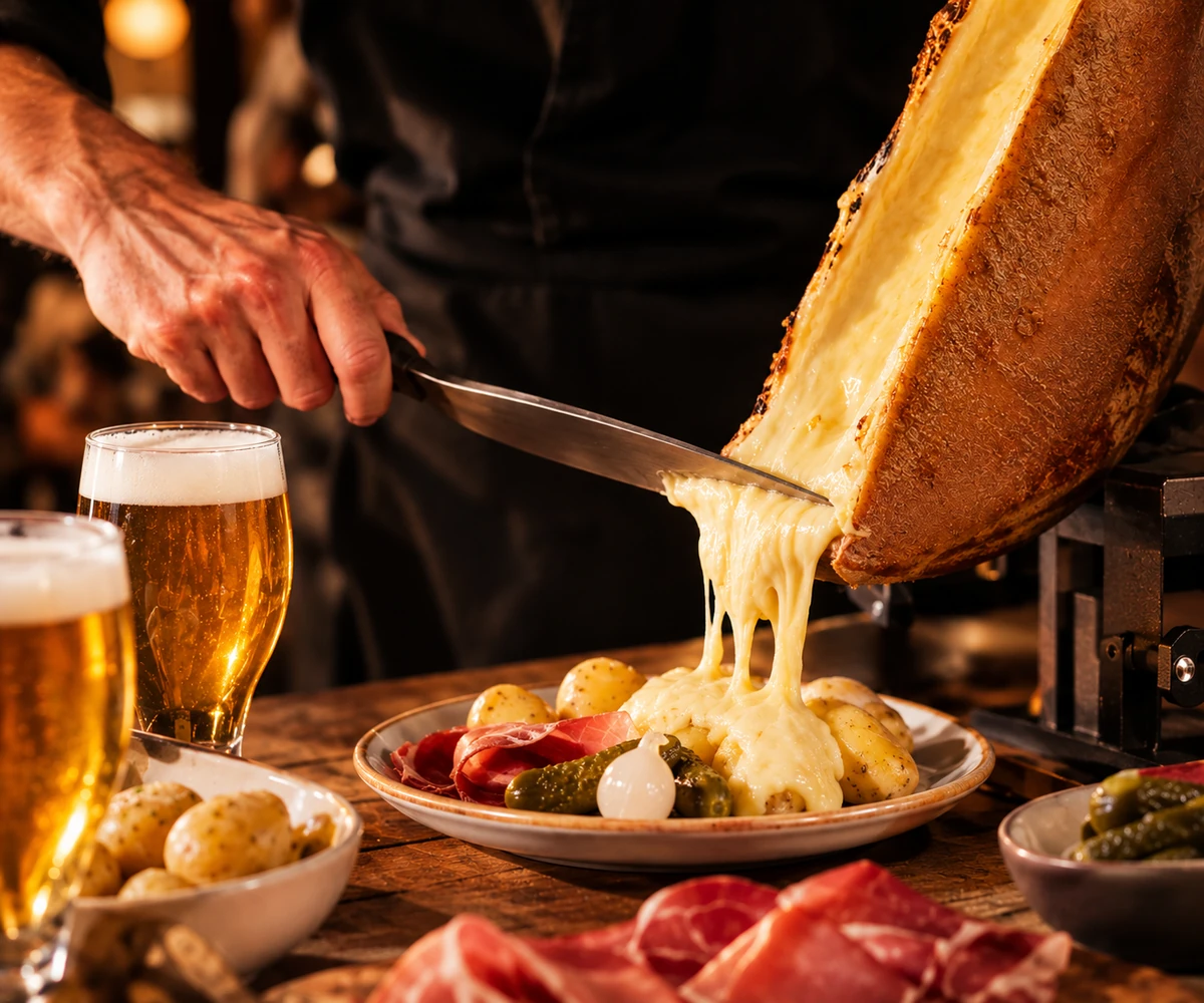 Hand scraping melted raclette cheese onto a plate of boiled potatoes, pickles, and sliced cured meat, with two glasses of beer nearby on a wooden table.