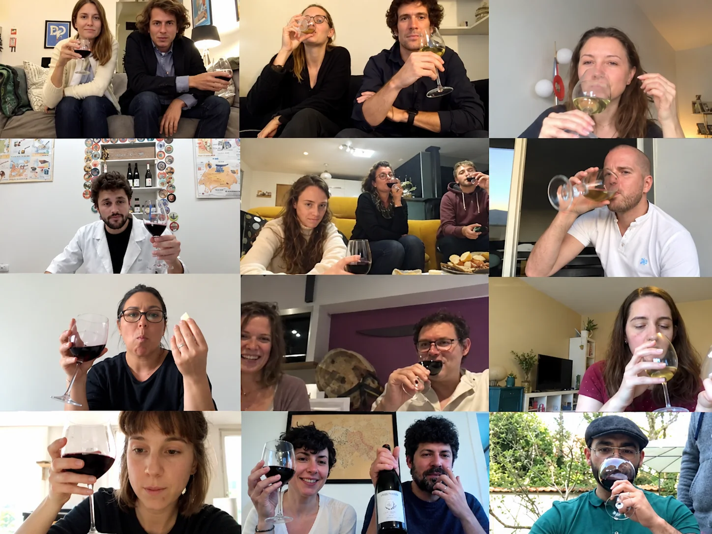 Équipe en visioconférence lors d'une dégustation de vin à distance